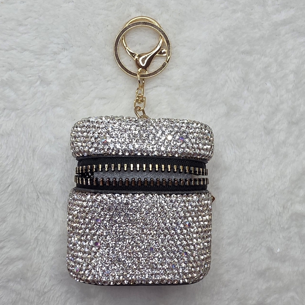 Sparkling Silver Rhinestone Keychain Ear Bud  Holder